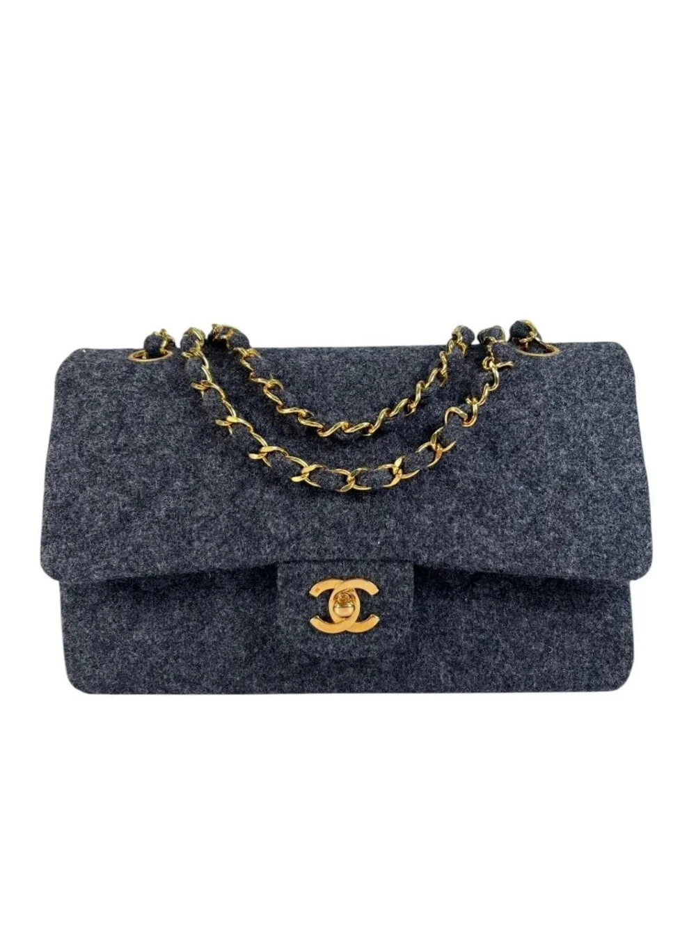 Chanel Quilted Shoulder Bag Wool Gray Double Flap Chain CC Logo